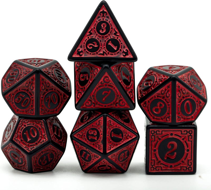 Poludie مجموعة نرد DND - نرد متعدد الأوجه (7 قطع) مع حقيبة نرد جلدية لألعاب تقمص الشخصيات Dungeons and Dragons (أحمر مع حواف سوداء) - Image 1